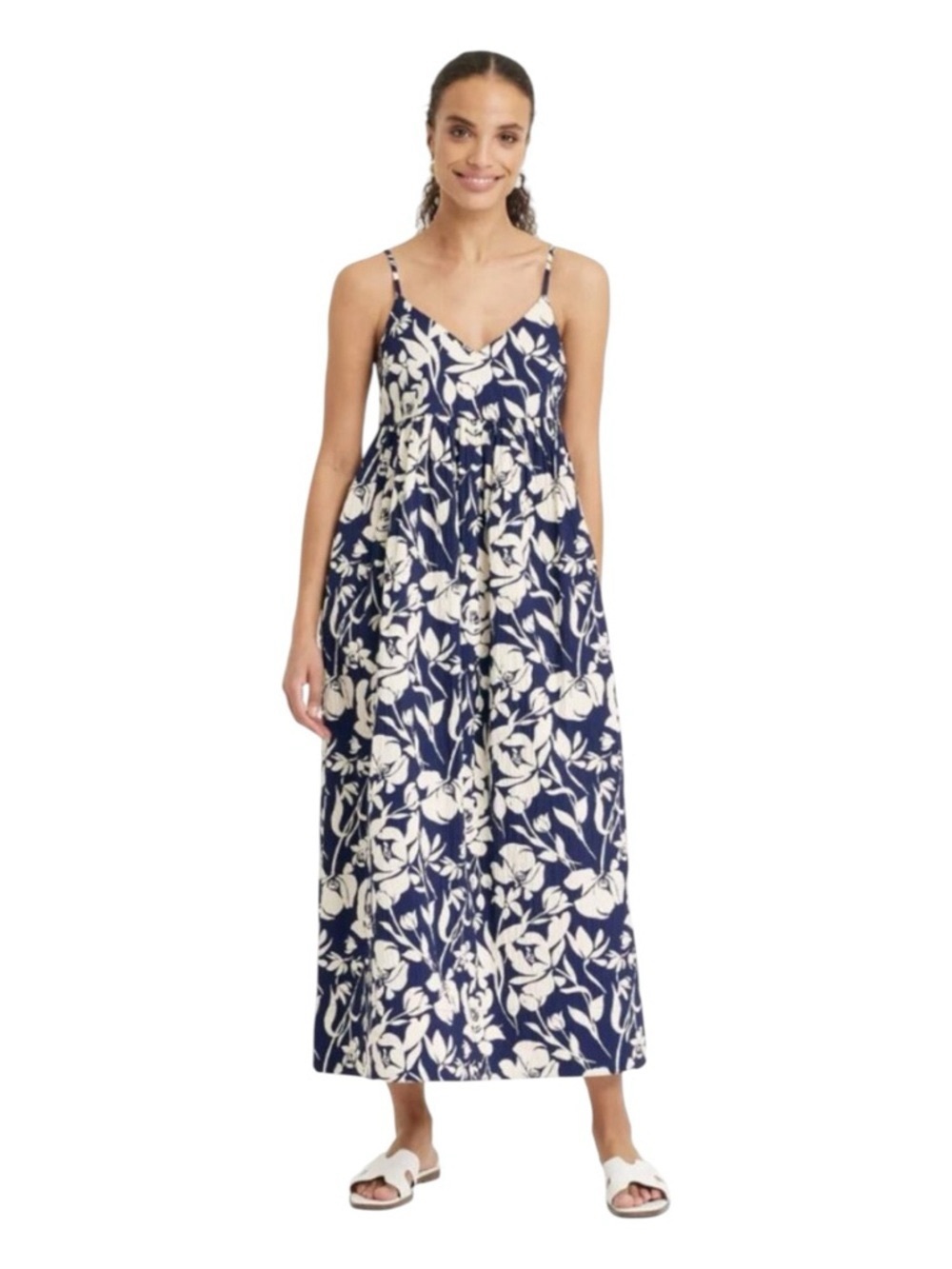 A New Day Navy and Ivory Floral Maxi Dress - Size Medium